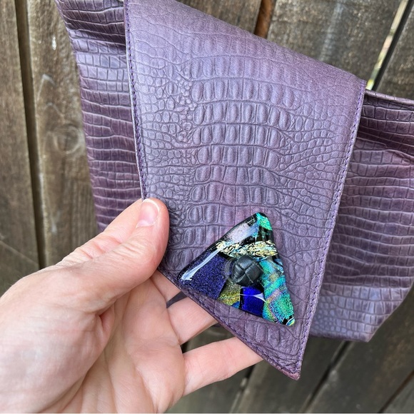Thomas Leather Purple Dichroic Glass Button Crossbody Purse - Picture 4 of 14